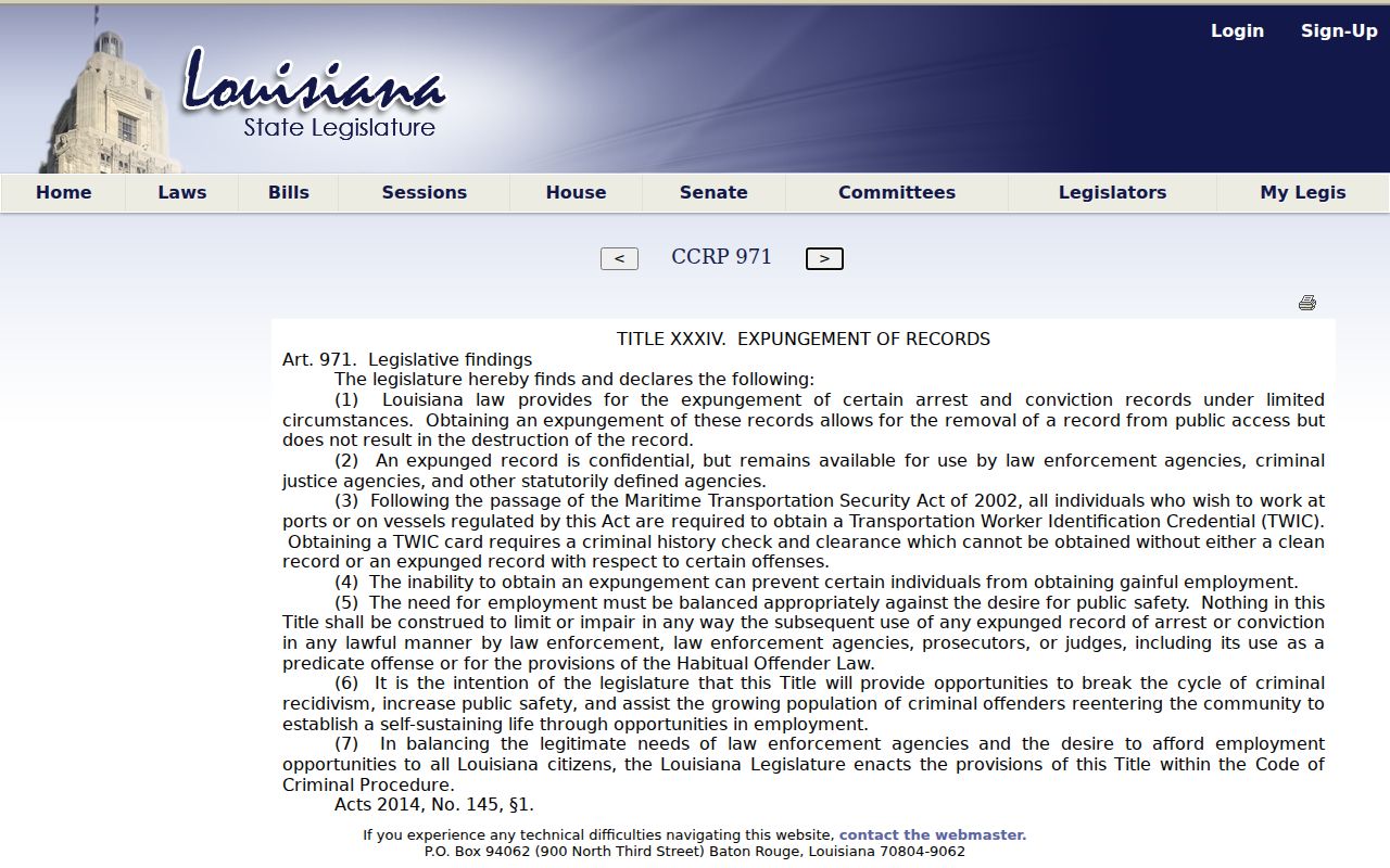 Louisiana law explaining the effect of expungement on public records