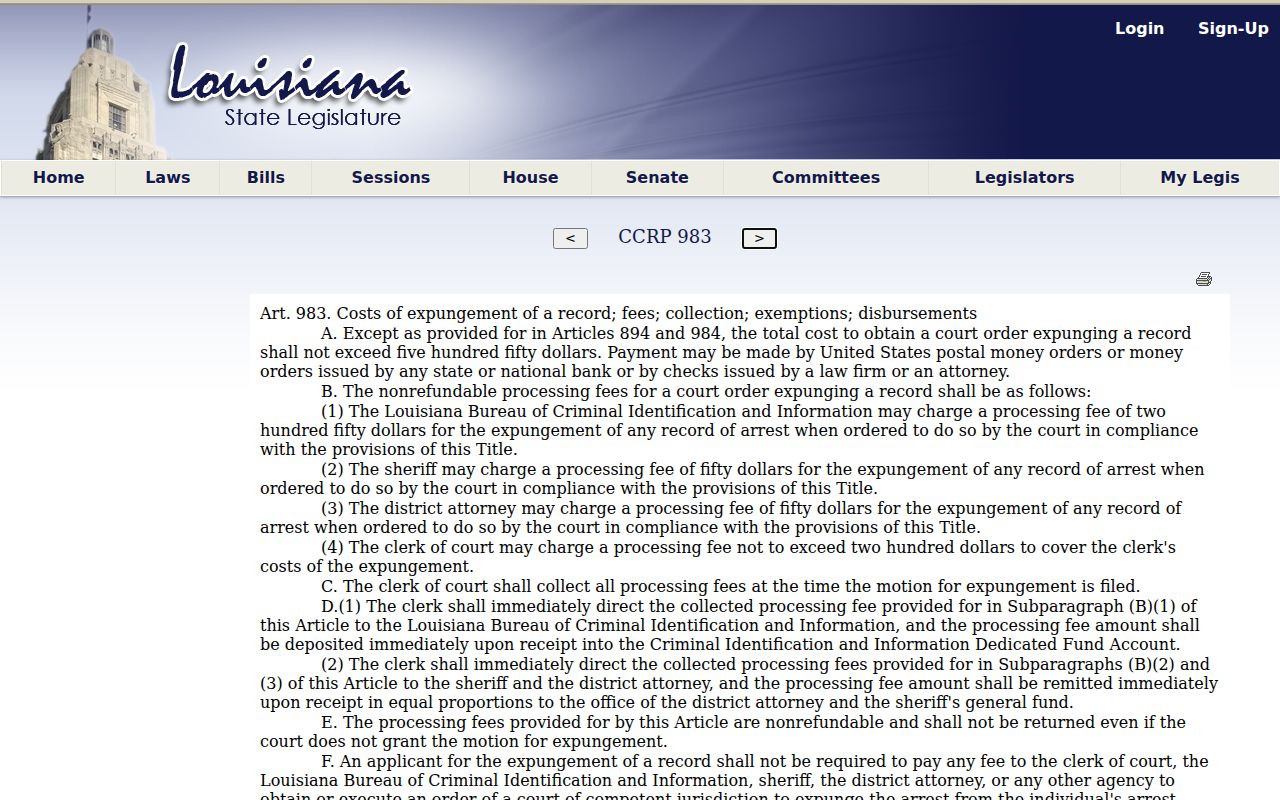 Louisiana statute governing expungement fees and exemptions