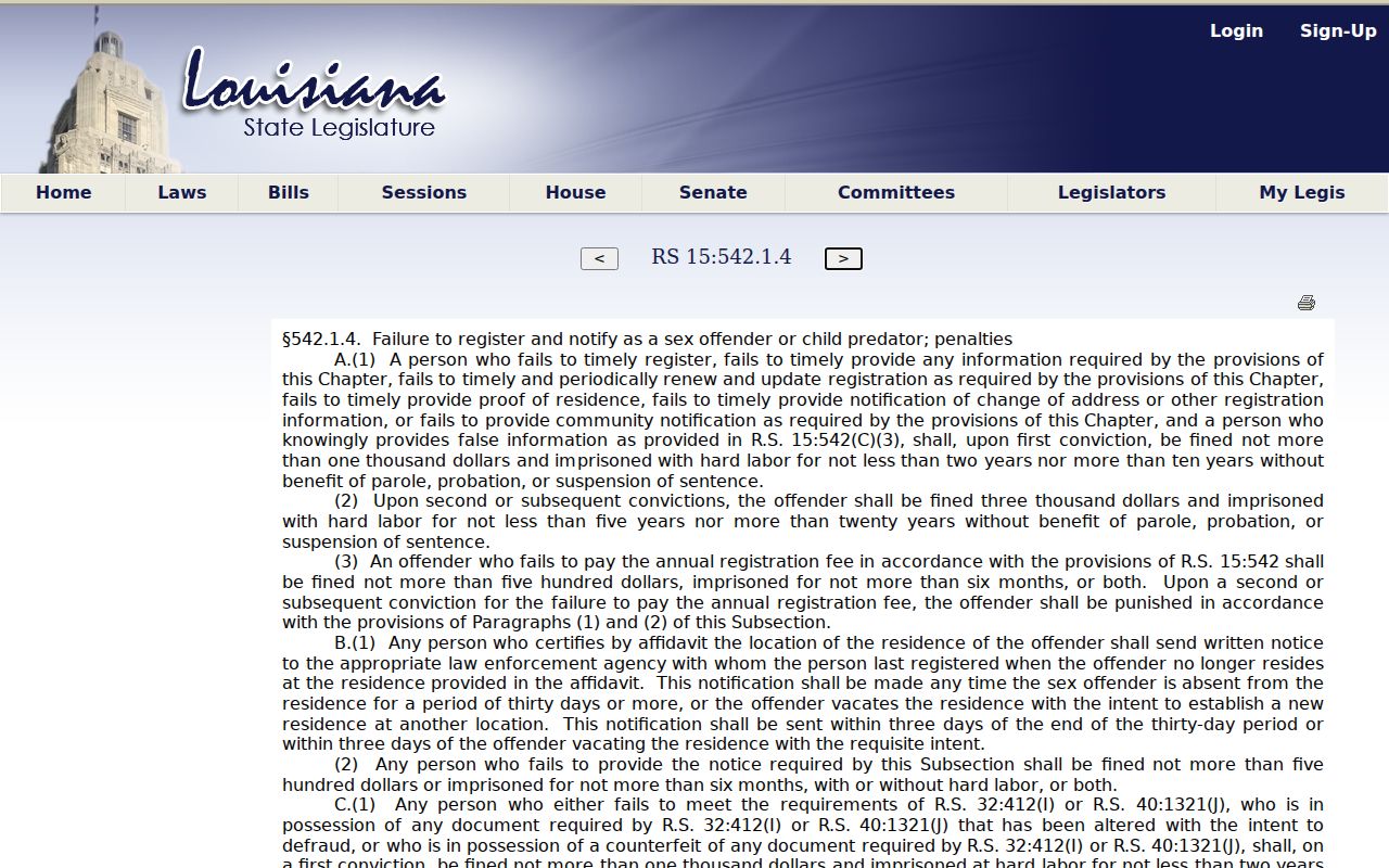 Louisiana statute on failure to comply with registration duties