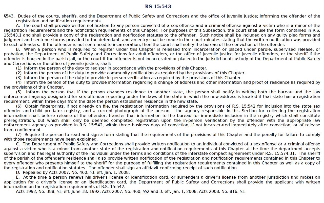 Louisiana official notice of sex offender registration periods
