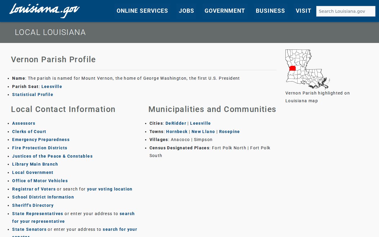 Louisiana government directory for Vernon Parish and Rosepine record routing