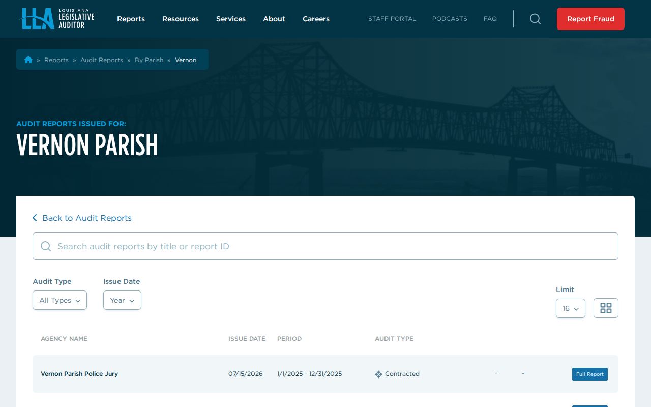 Louisiana Legislative Auditor directory of Vernon Parish public bodies