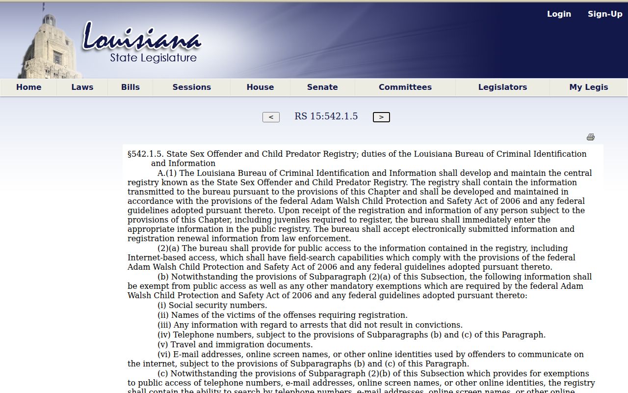 Louisiana law assigning central sex offender registry duties to BCII