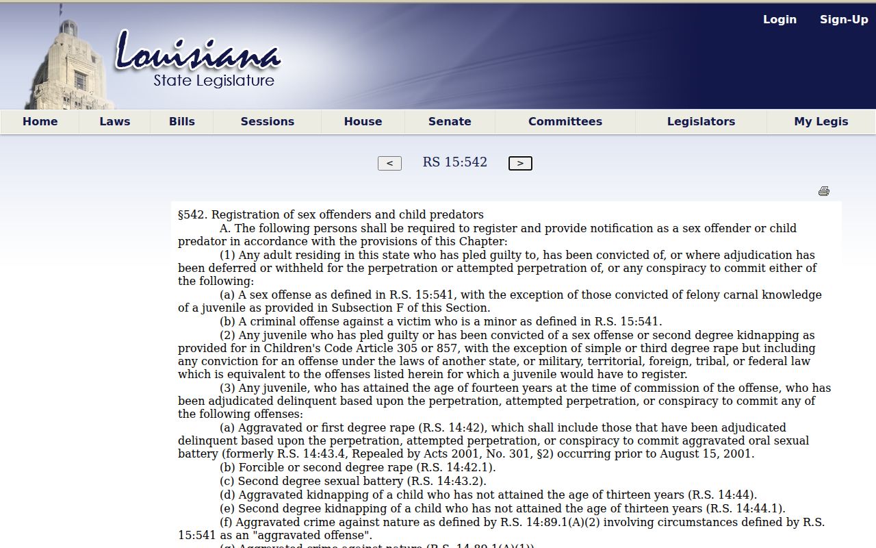 Louisiana statute governing sex offender registration duties