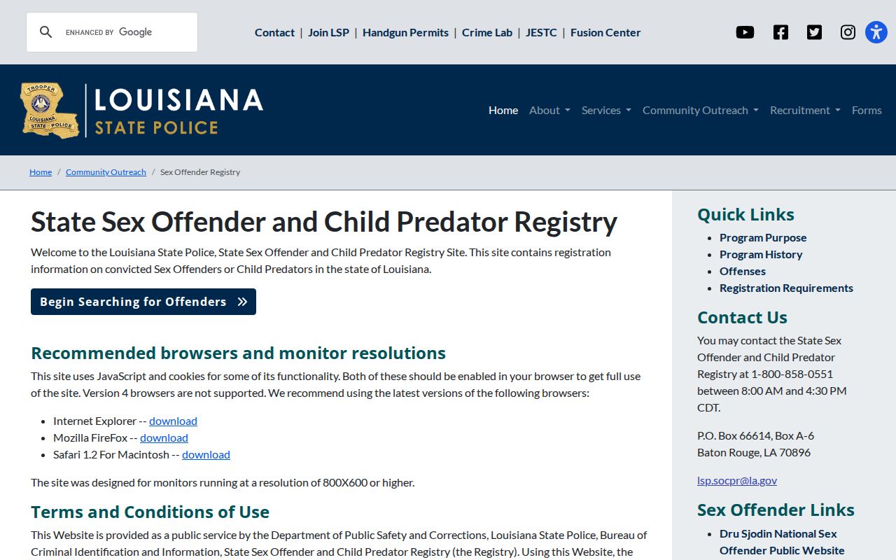 Louisiana sex offender registry search gateway and conditions