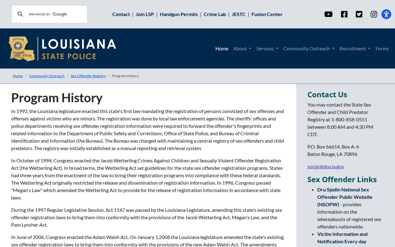 Louisiana State Police registry program history and public safety resources