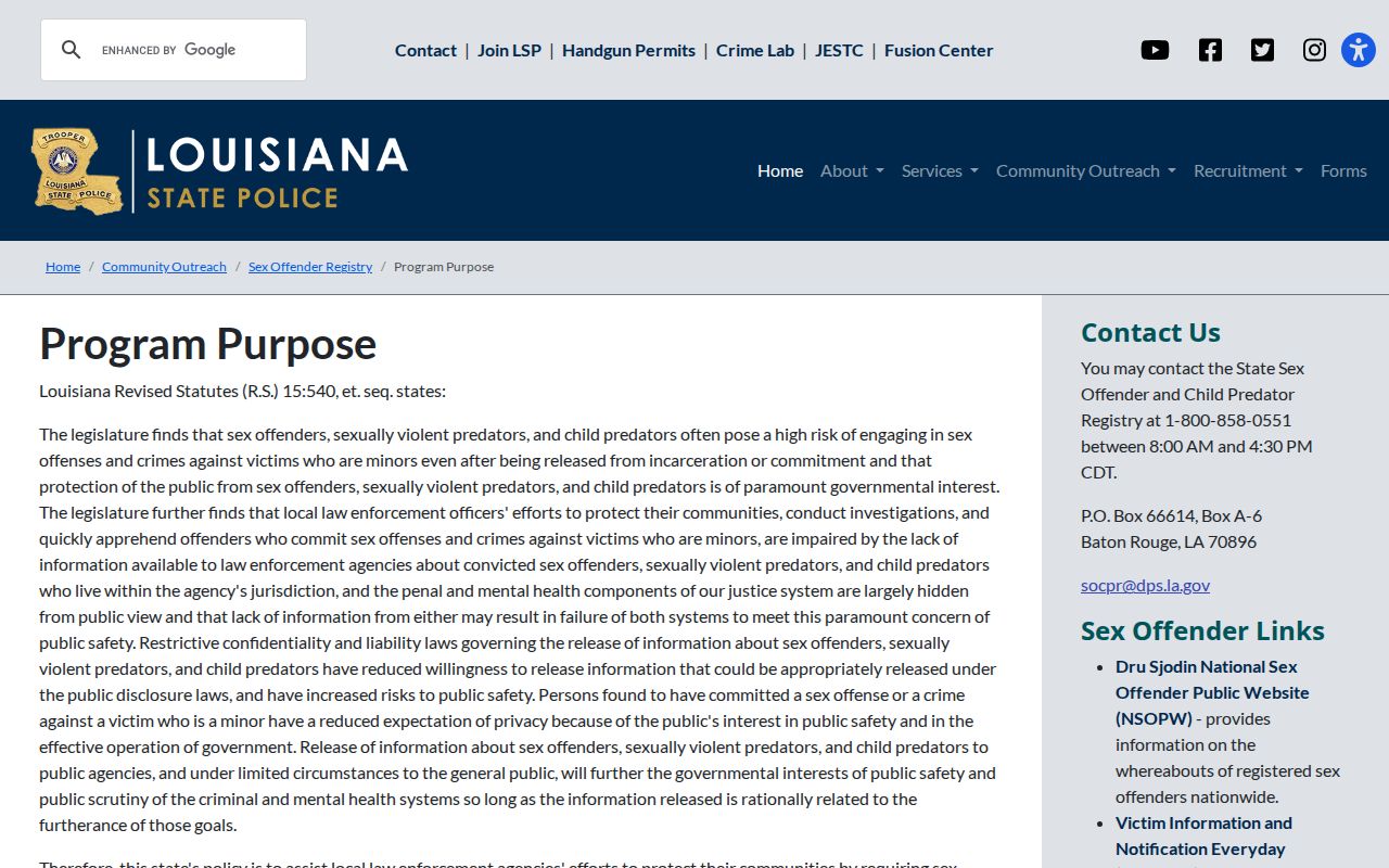 Louisiana State Police sex offender registry program purpose page